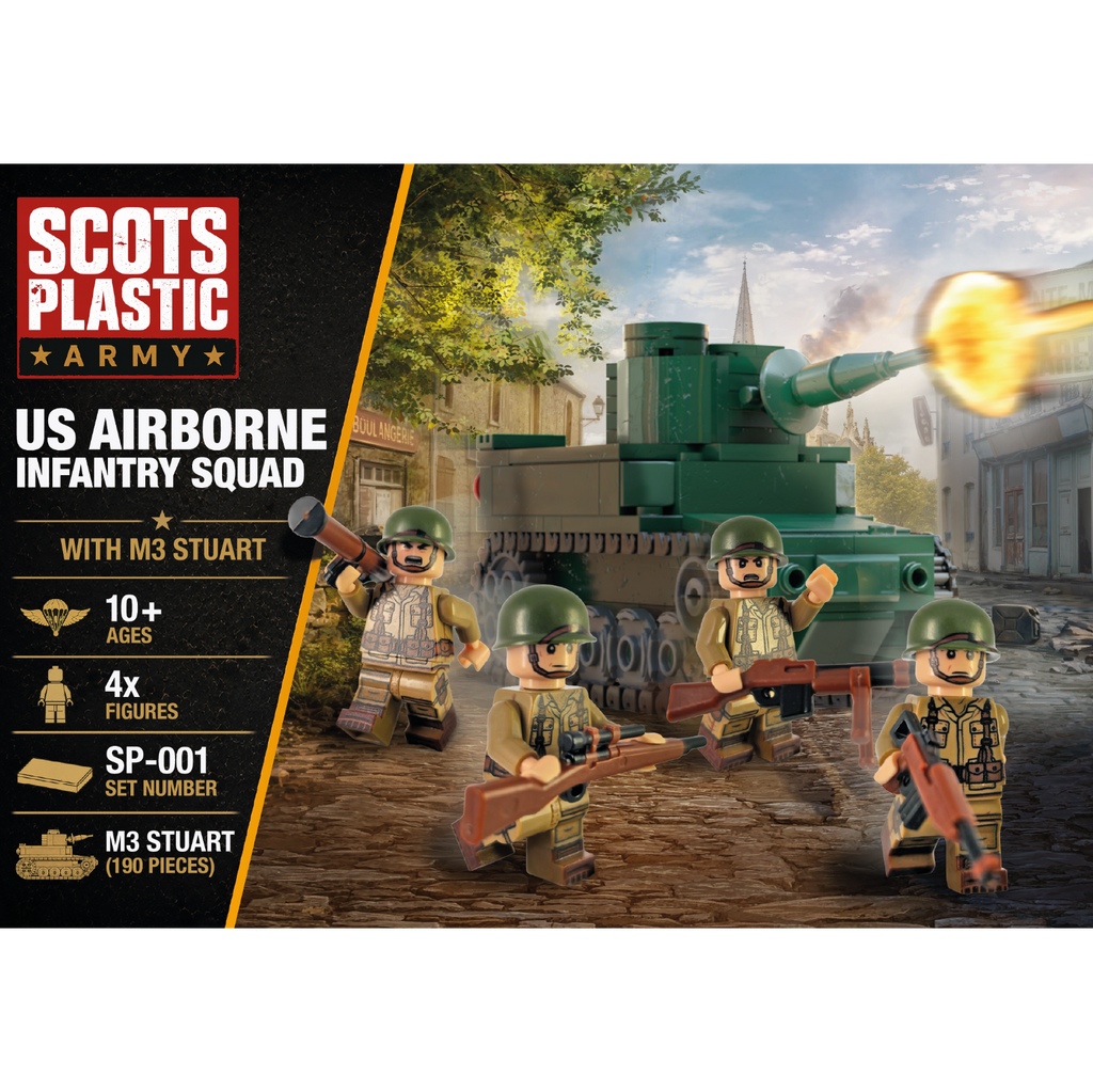 American WW2 combat pack artwork showing a LEGO-compatible M3 Stuart tank and US Airborne soldiers in a battlefield scene