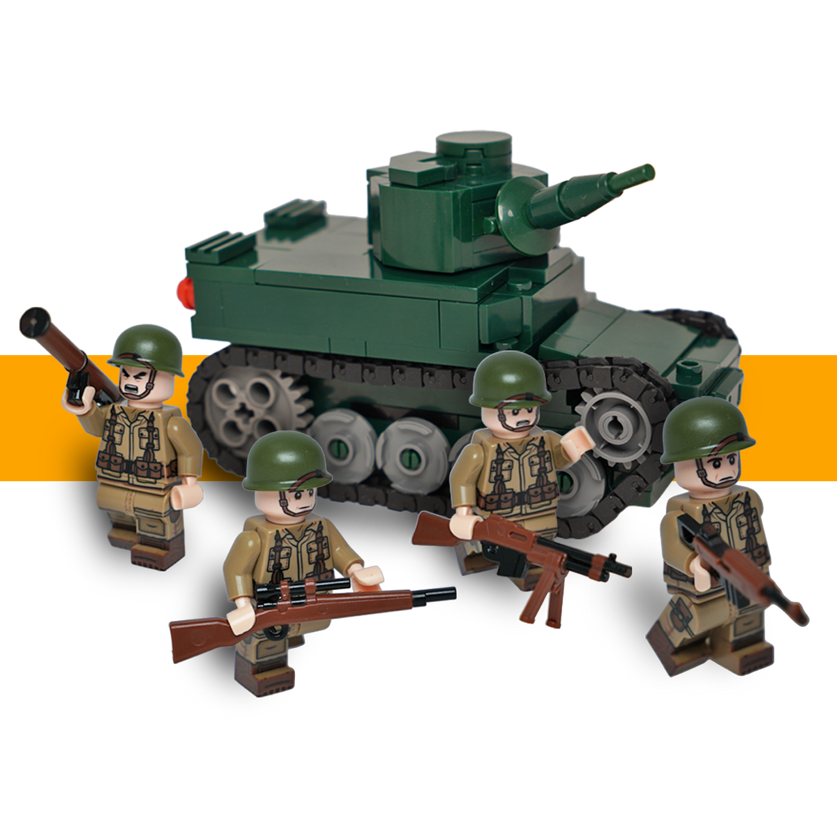 American WW2 combat pack with an M3 Stuart LEGO-compatible tank and four LEGO-compatible US Airborne minifigures