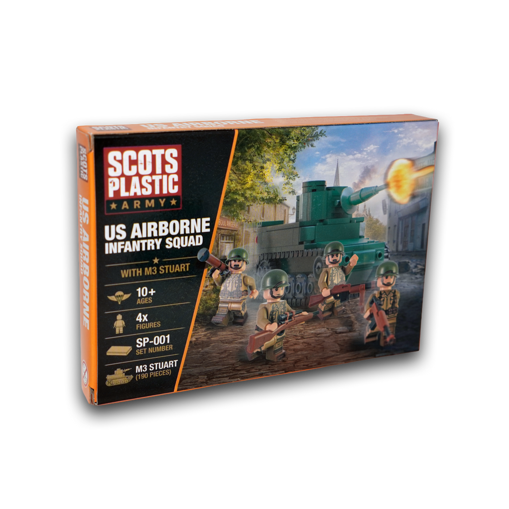 Scots Plastic American Combat Pack box showing a LEGO-compatible M3 Stuart tank and US Airborne minifigures