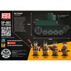 American WW2 combat pack contents showing a LEGO-compatible M3 Stuart tank and four soldier minifigures