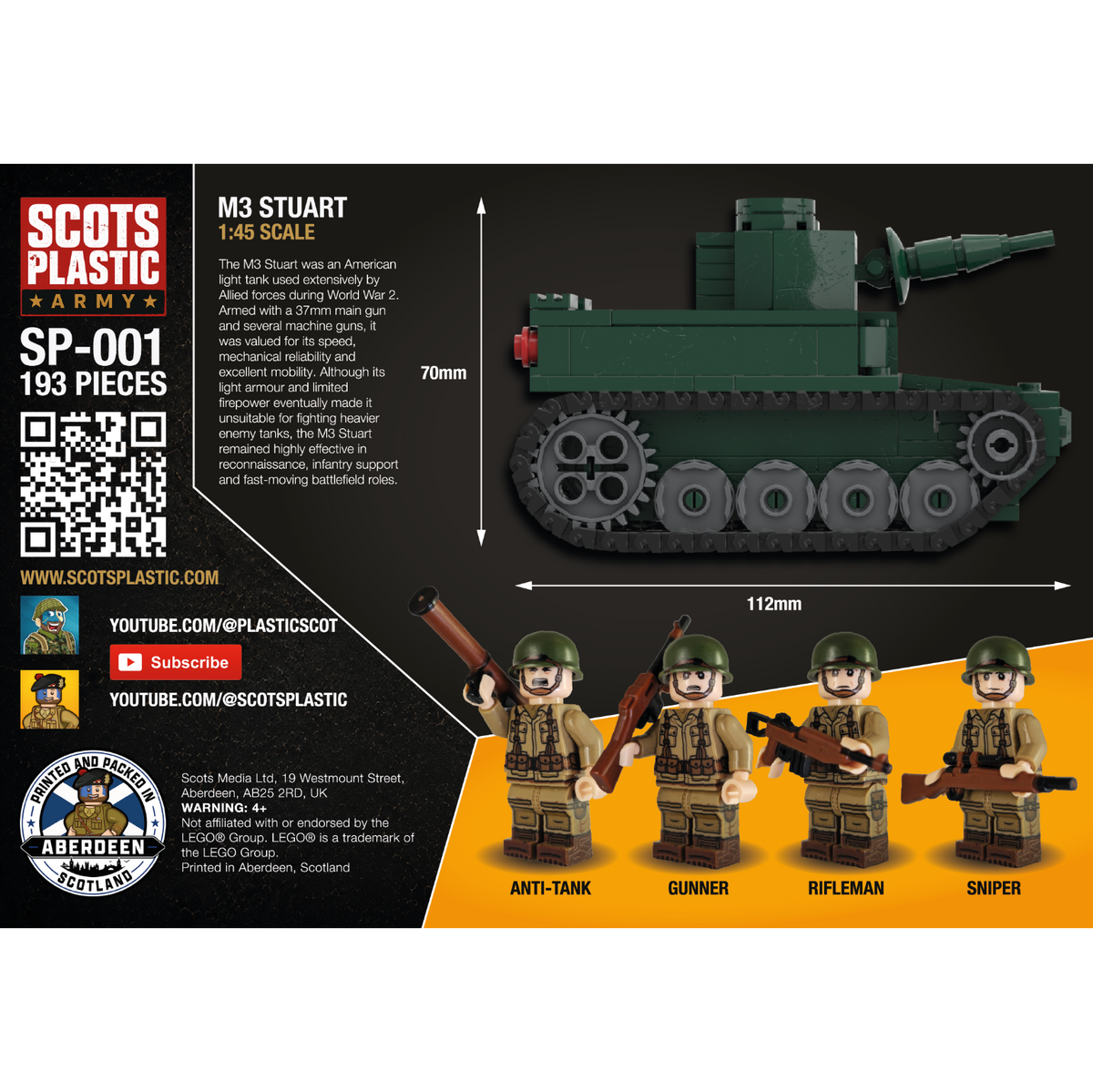 American WW2 combat pack contents showing a LEGO-compatible M3 Stuart tank and four soldier minifigures