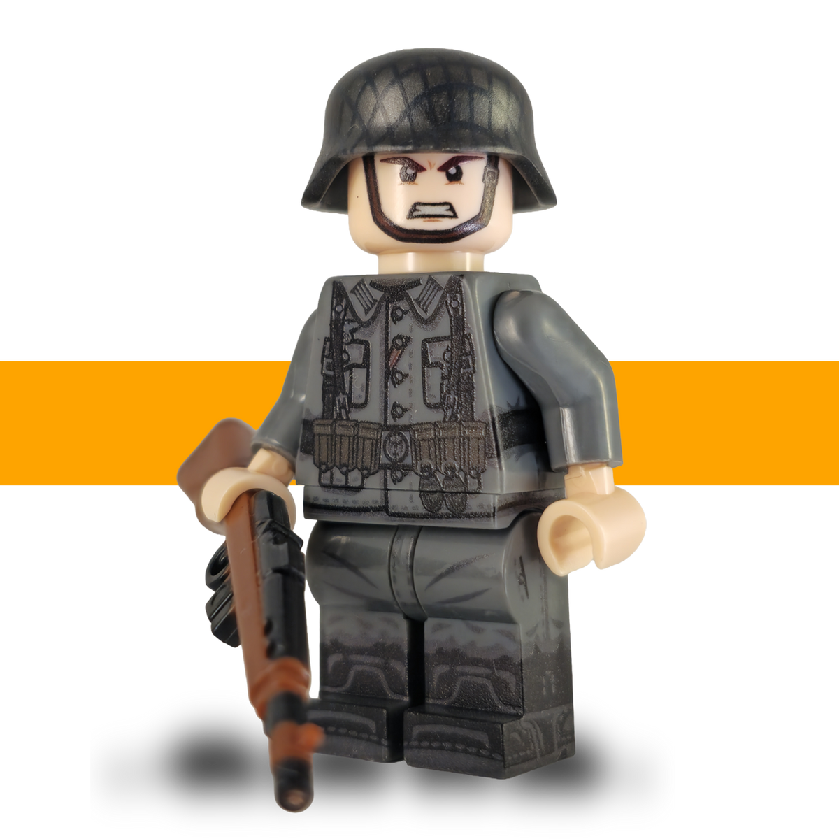 German WW2 LEGO-compatible rifleman minifigure holding a miniature rifle, with a printed grey uniform and net-pattern helmet