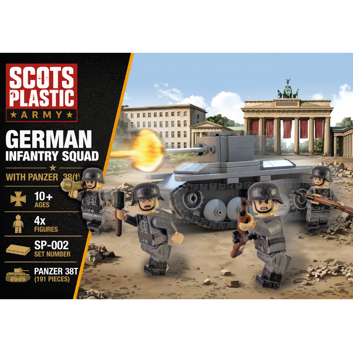 German Combat Pack front artwork showing a Panzer 38(t) tank and four infantry minifigures in a Berlin battlefield scene