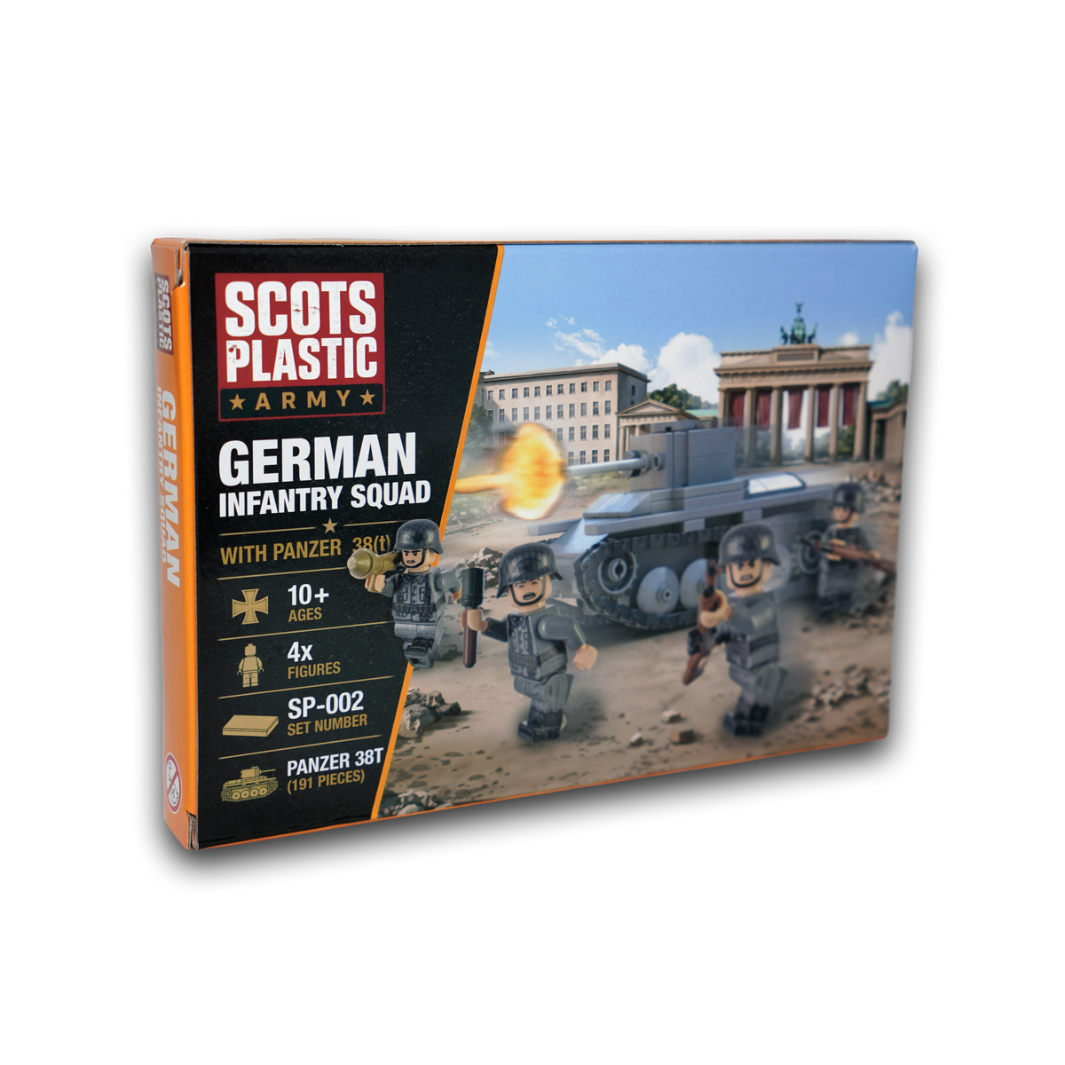 Scots Plastic German Combat Pack box showing a LEGO-compatible Panzer 38(t) tank and four German infantry minifigures
