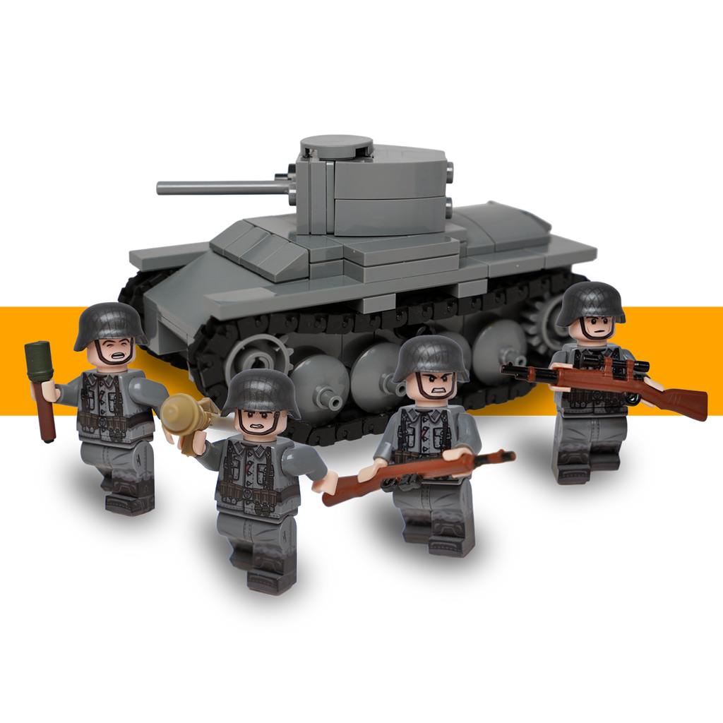 German WW2 combat pack with a grey LEGO-compatible Panzer 38(t) tank and four infantry minifigures with helmets and miniature weapons