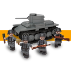 German WW2 combat pack with a grey LEGO-compatible Panzer 38(t) tank and four infantry minifigures with helmets and miniature weapons