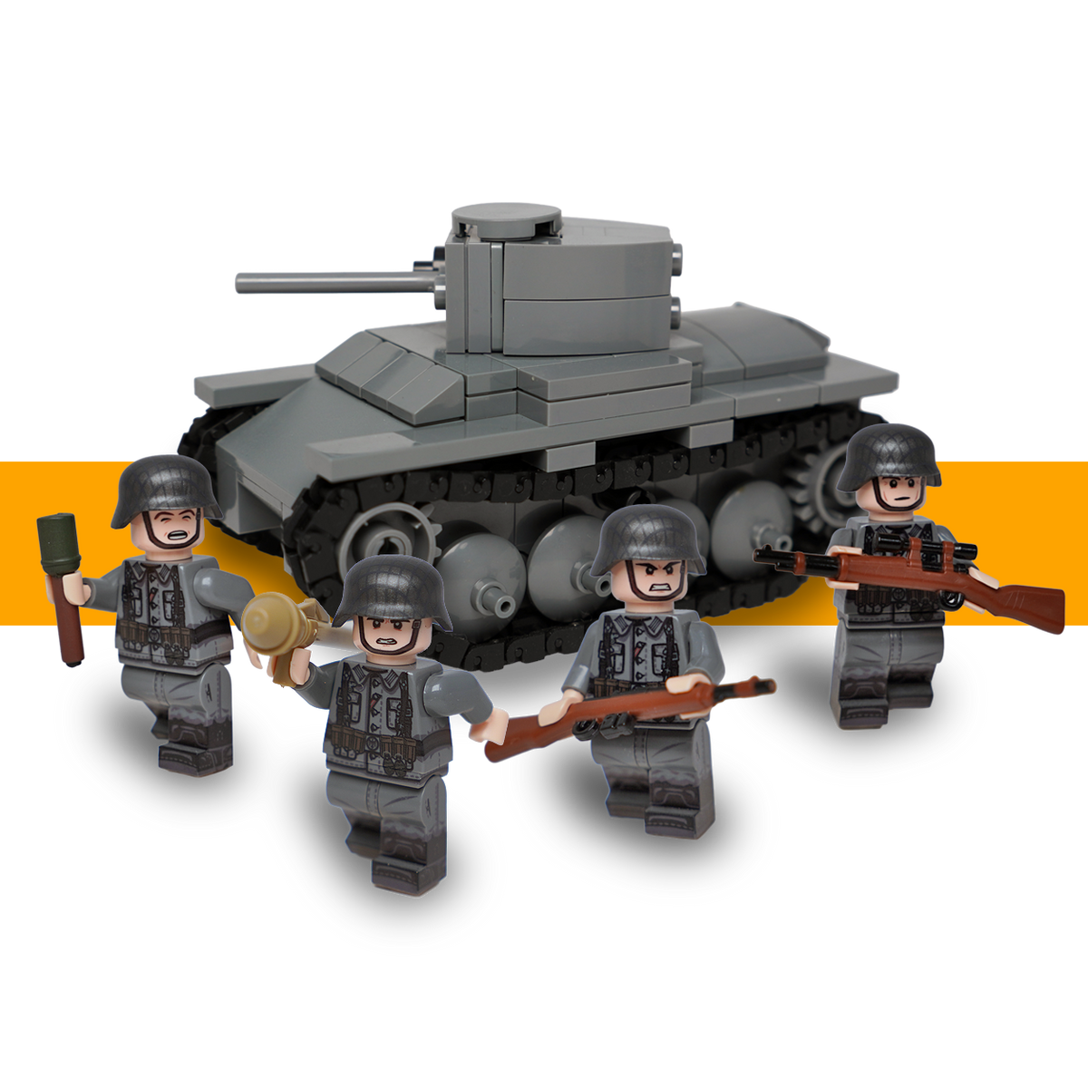 German WW2 combat pack with a grey LEGO-compatible Panzer 38(t) tank and four infantry minifigures with helmets and miniature weapons