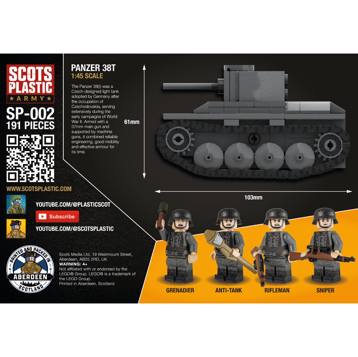 German Combat Pack back packaging showing Panzer 38(t) tank dimensions and grenadier, anti-tank, rifleman and sniper minifigures