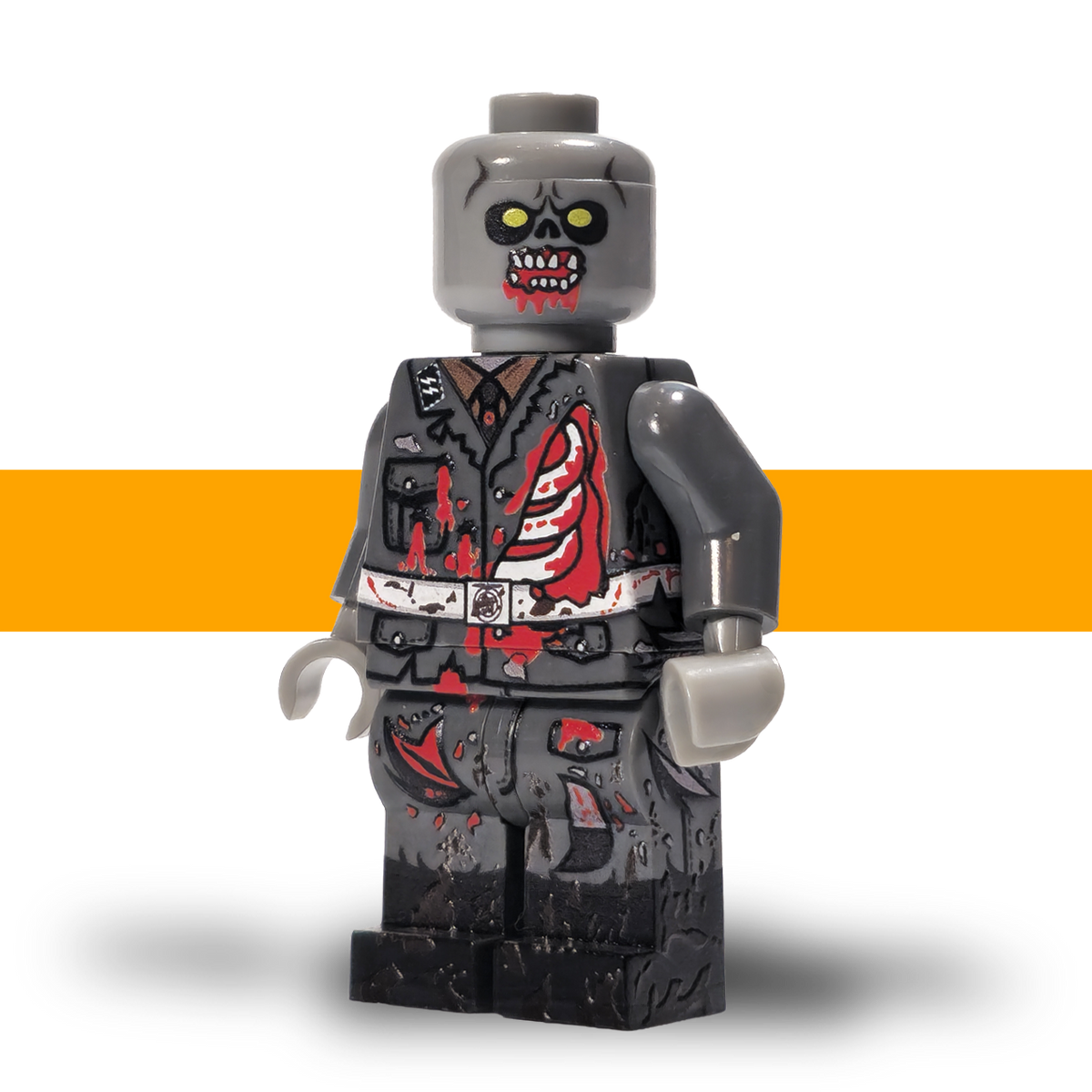 German WW2 zombie minifigure with glowing yellow eyes and snarling teeth