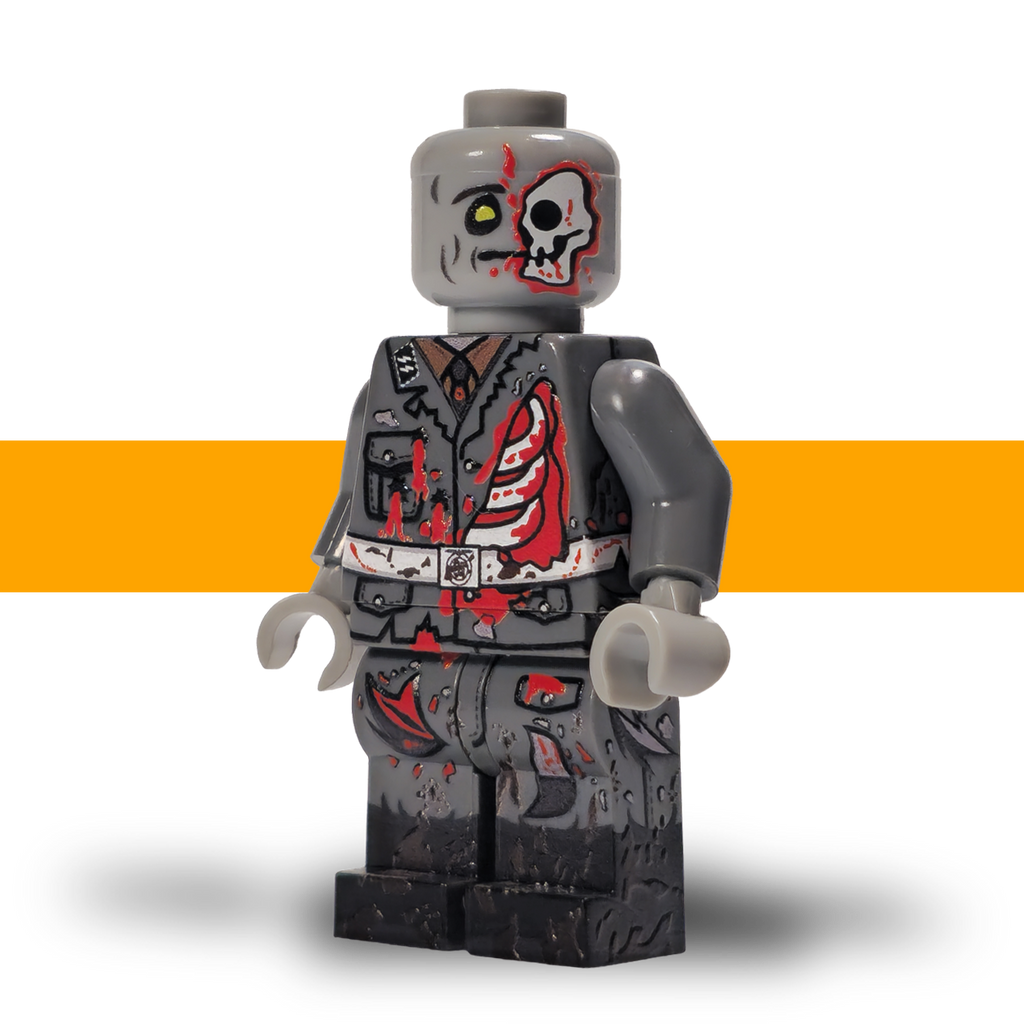Skull face: German WW2 zombie minifigure with exposed skull and ribs, field-grey uniform
