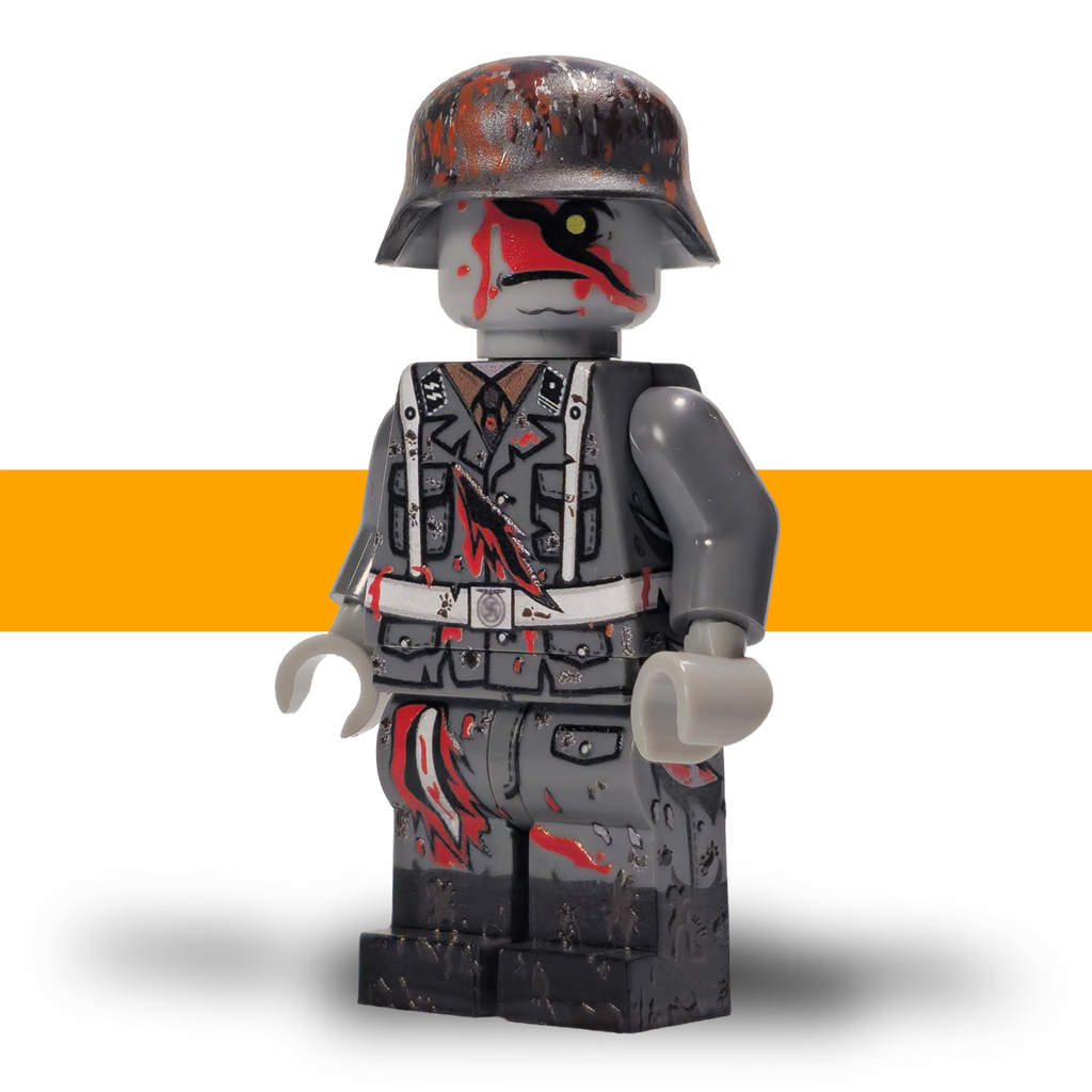 German WW2 zombie minifigure in camo Stahlhelm with slashed bloody face