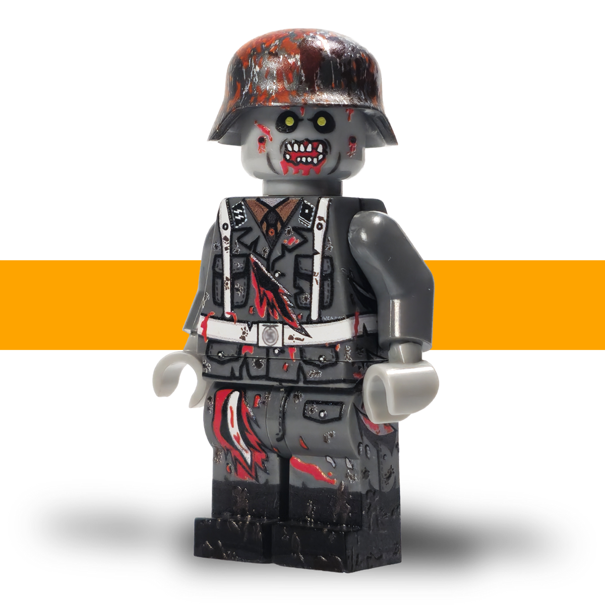 German WW2 zombie minifigure in rusted Stahlhelm with snarling teeth