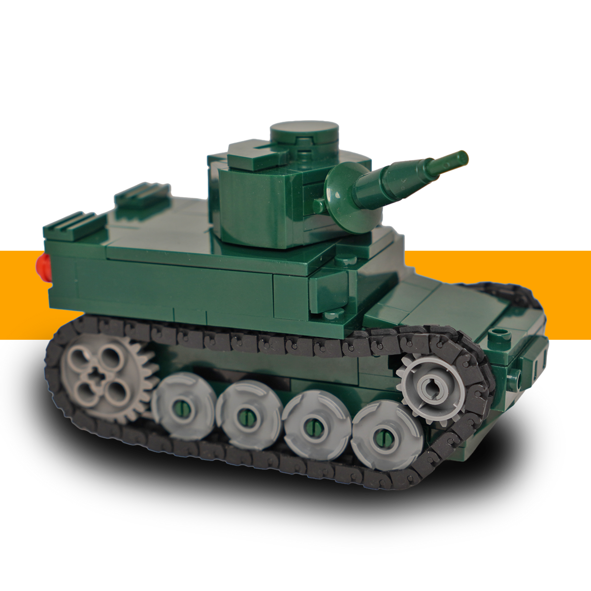 M3 Stuart WW2 LEGO-compatible tank in green, showing its turret, tracks and front hull