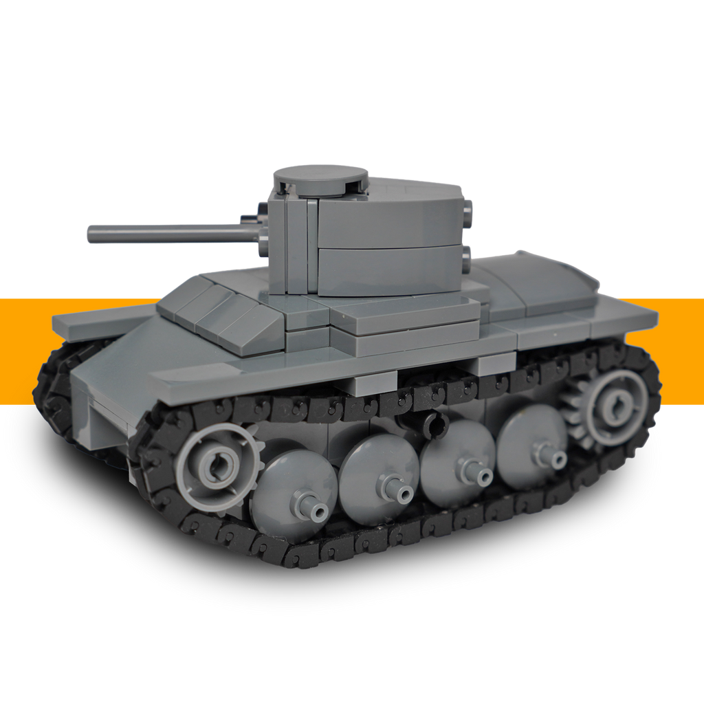 Grey LEGO-compatible Panzer 38(t) WW2 tank viewed from a front three-quarter angle, showing its turret, gun barrel and tracks