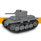 Grey LEGO-compatible Panzer 38(t) WW2 tank viewed from a front three-quarter angle, showing its turret, gun barrel and tracks