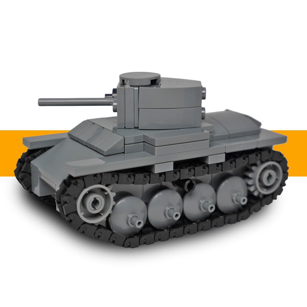 Grey LEGO-compatible Panzer 38(t) WW2 tank viewed from a front three-quarter angle, showing its turret, gun barrel and tracks