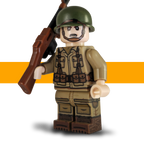 US Airborne WW2 LEGO-compatible minifigure holding a miniature BAR, with printed webbing and a green helmet