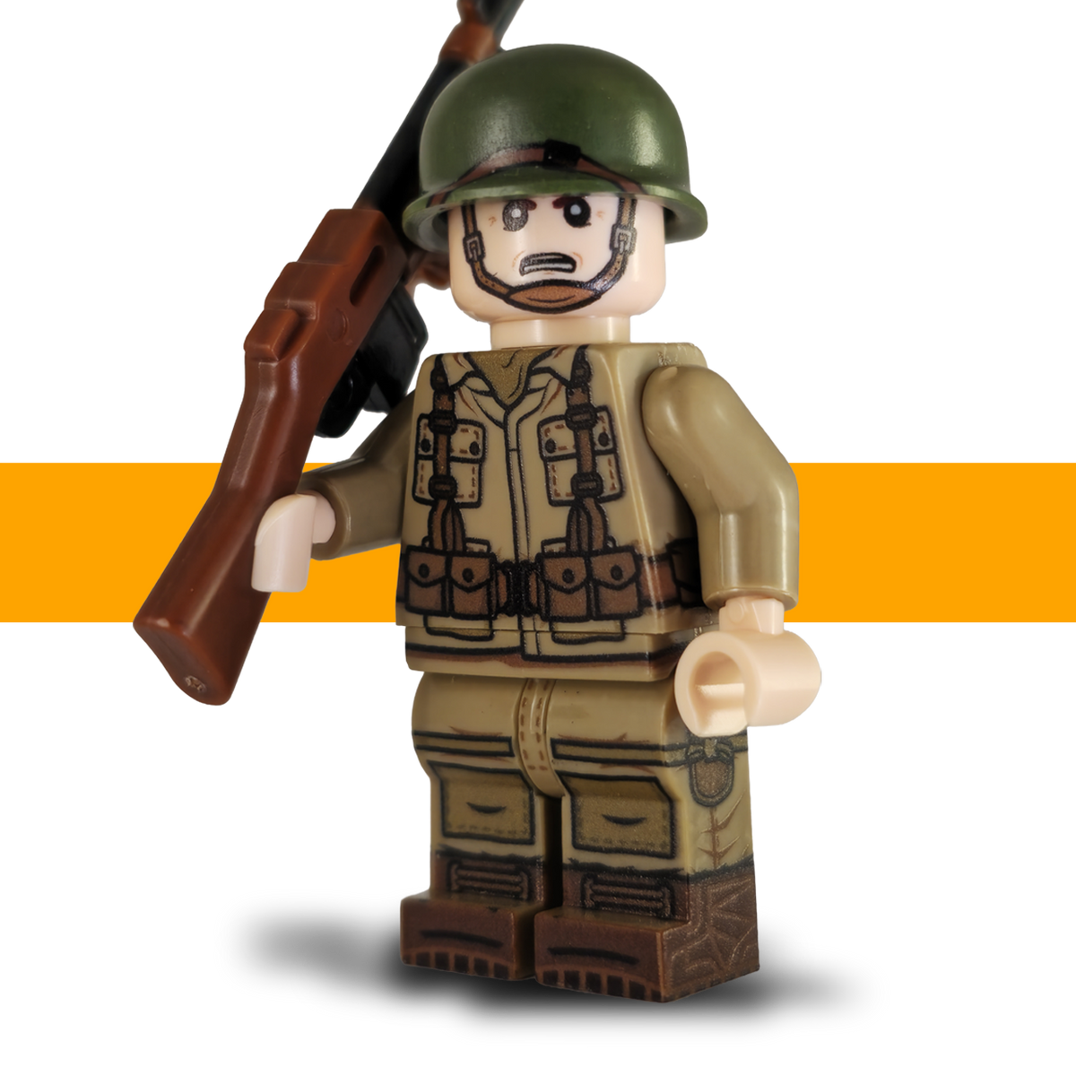 US Airborne WW2 LEGO-compatible minifigure holding a miniature BAR, with printed webbing and a green helmet