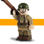 US Airborne WW2 LEGO-compatible minifigure carrying a miniature bazooka over one shoulder