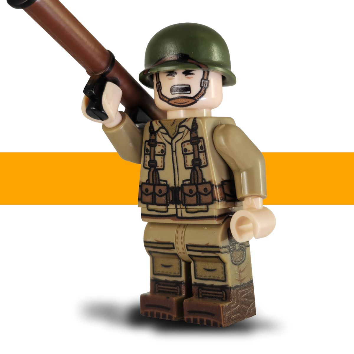 US Airborne WW2 LEGO-compatible minifigure carrying a miniature bazooka over one shoulder