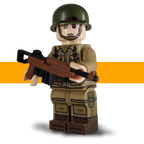 US Airborne WW2 LEGO-compatible minifigure holding a miniature carbine, with a dark tan uniform and green helmet